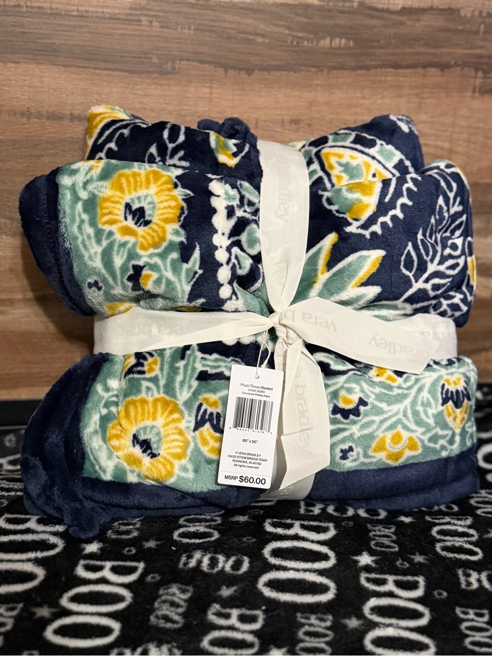 Vera Bradley Navy Floral Plush Throw with Yellow & Green Accents